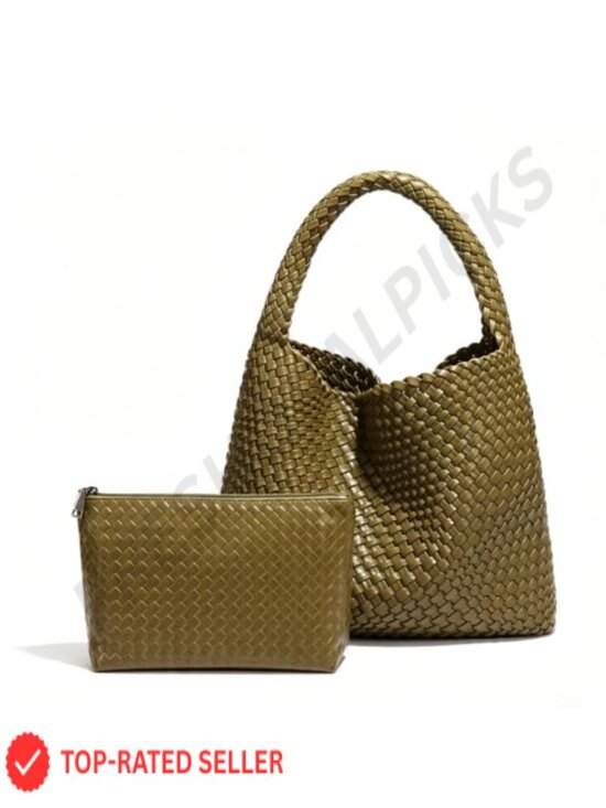 Handbags - Woven Vegan Leather Large Tote Bag Shoulder Handbag Travel Work